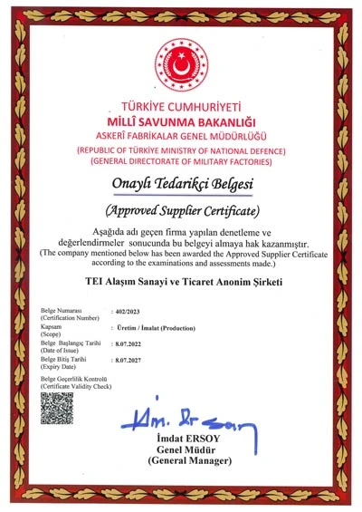TEI ALAŞIM Askeri Fabrikalar Onaylı Tedarikçi Belgesi